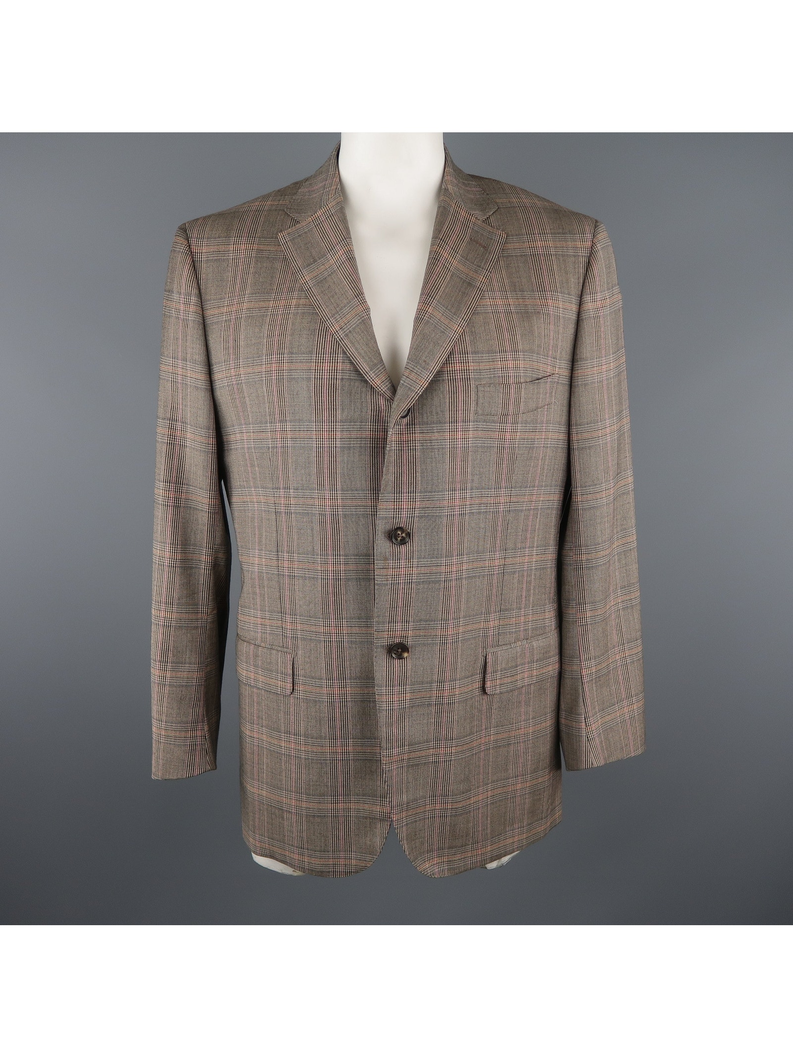 Isaia Size 46 Long Brown Plaid Wool Notch Lapel Sport Coat